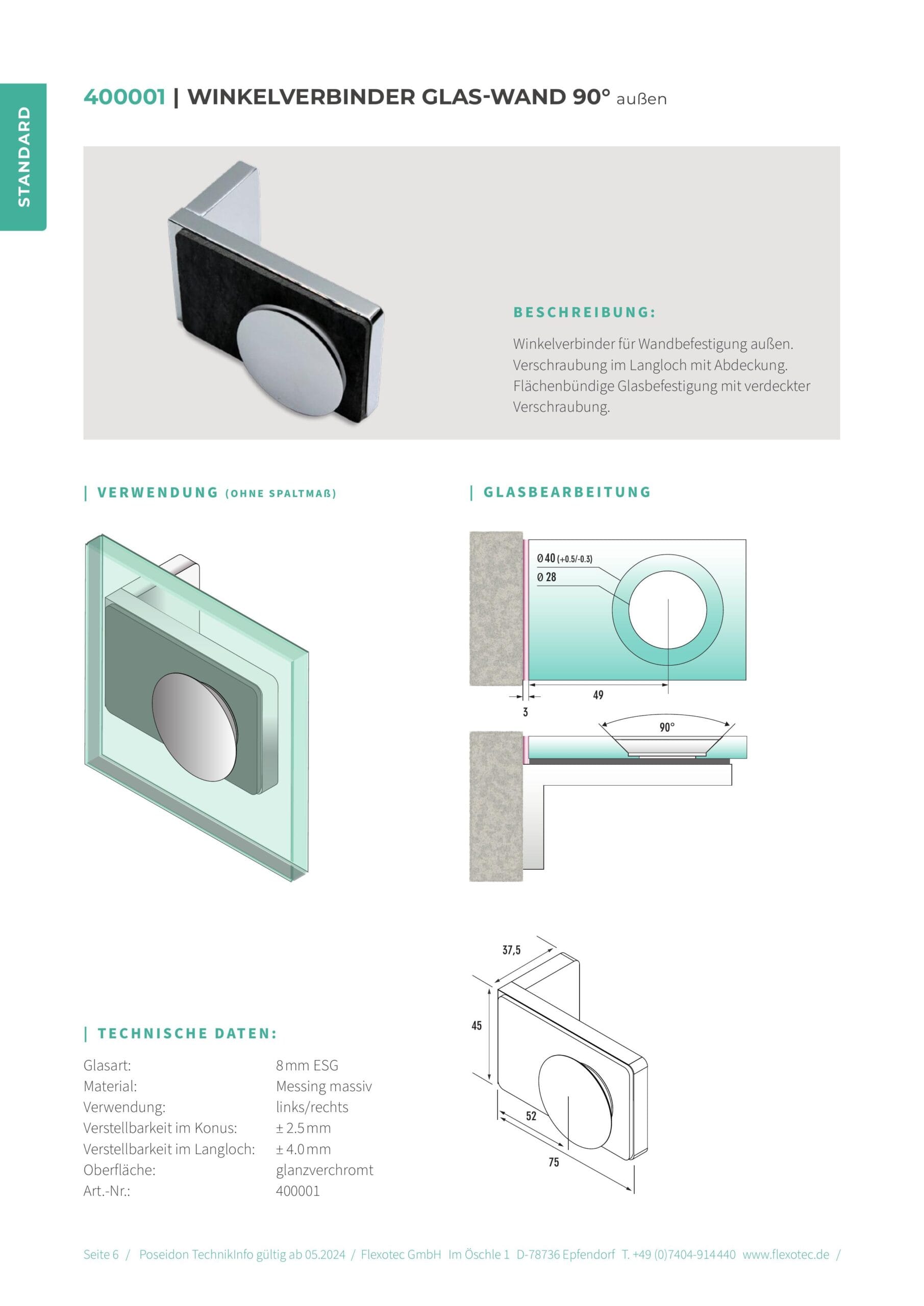 Hoekverbinder glas-wand 90° buiten - Poseidon art. 400001