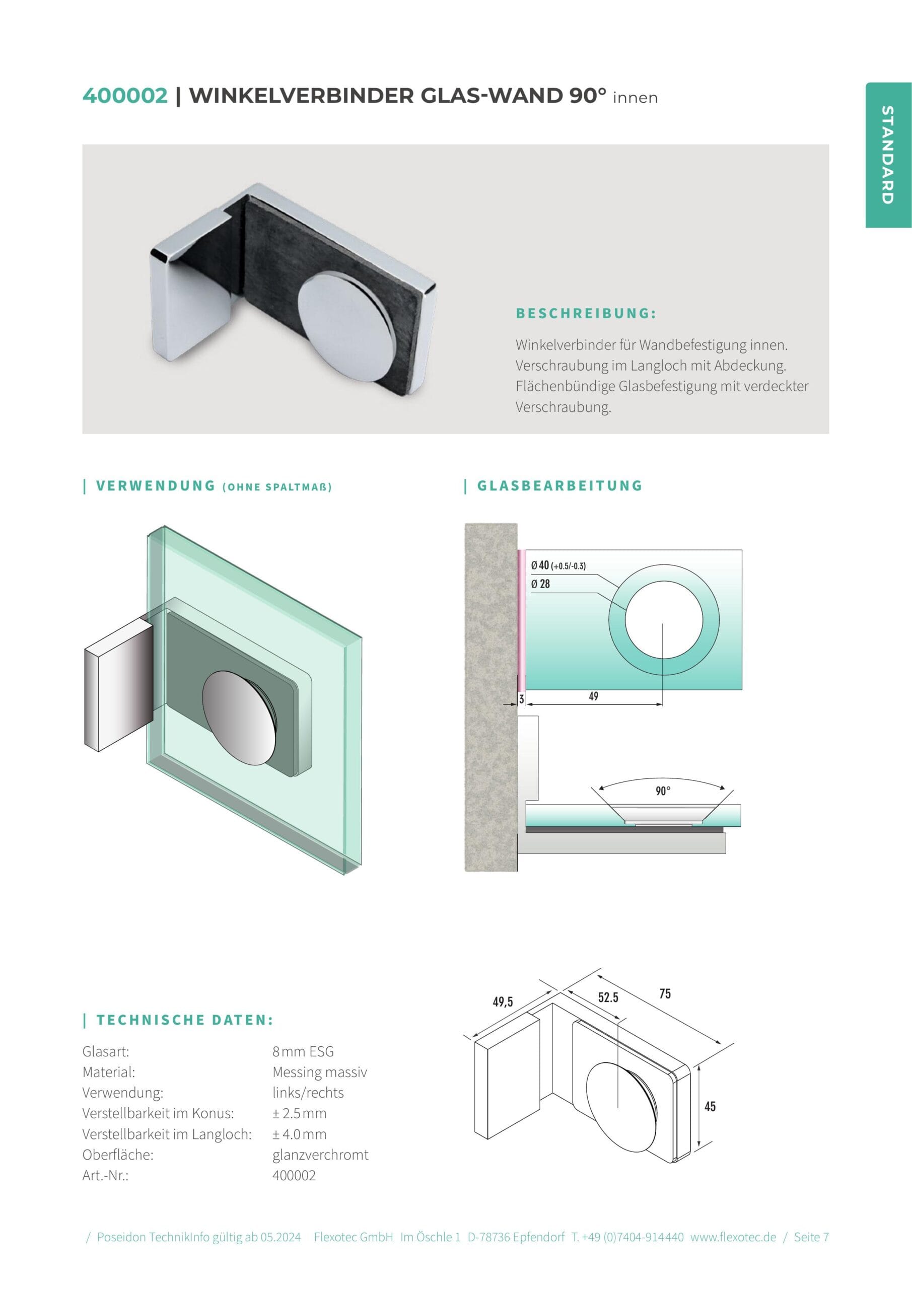 Hoekverbinder glas-wand 90° binnen - Poseidon art. 400002