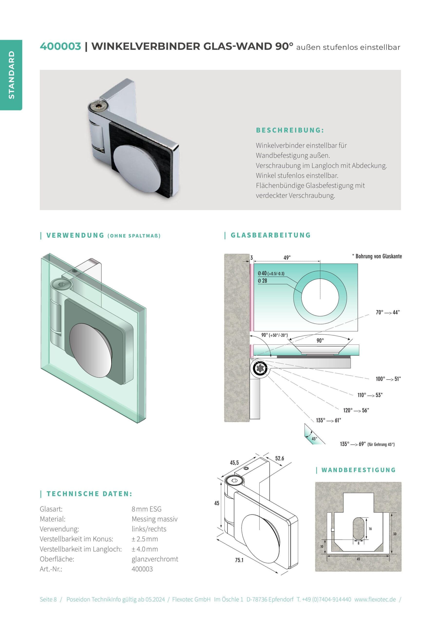 Hoekverbinder glas-wand 90° buiten instelbaar - Poseidon art. 400003