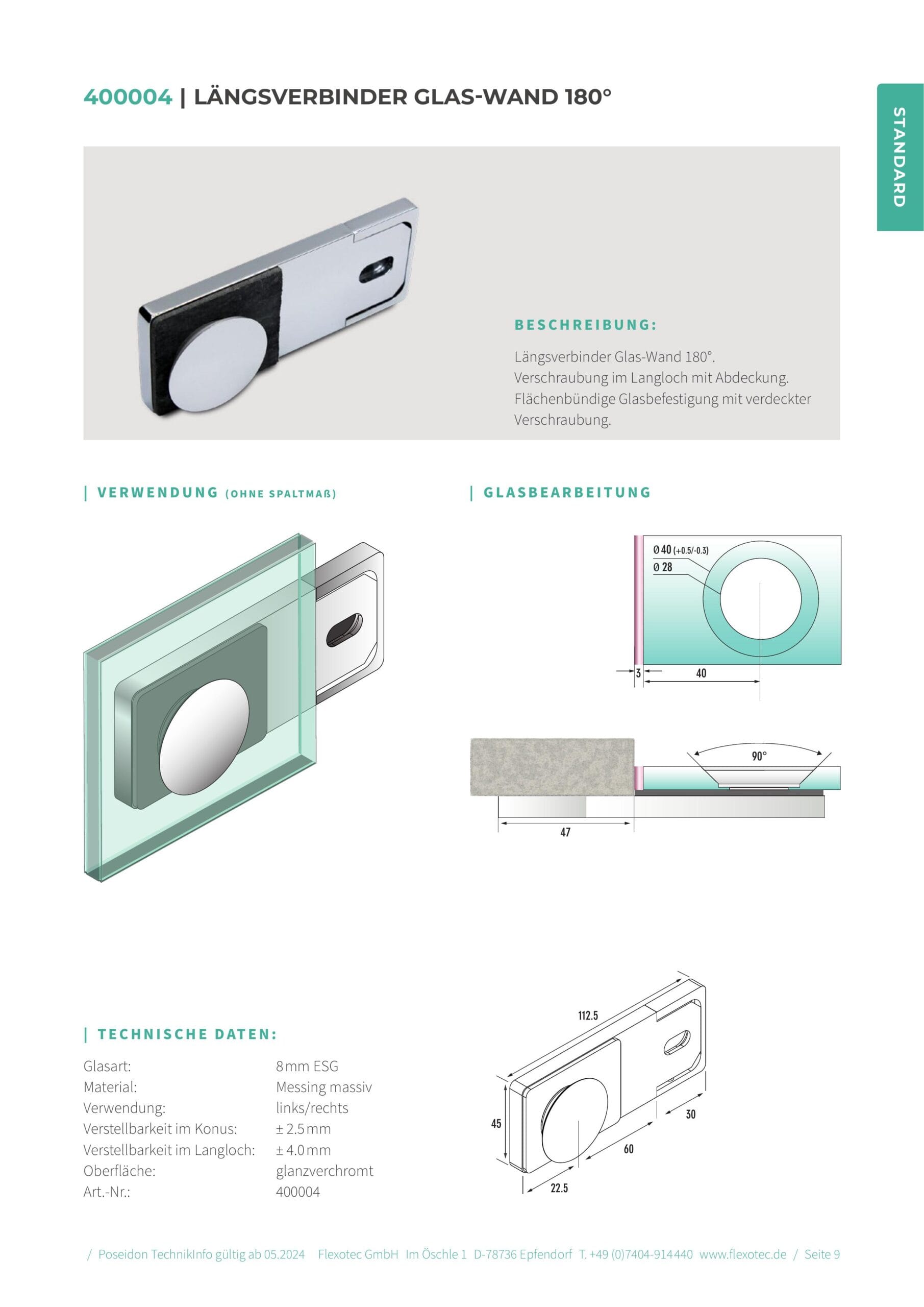 Langsverbinder glas-wand 180° - Poseidon art. 400004