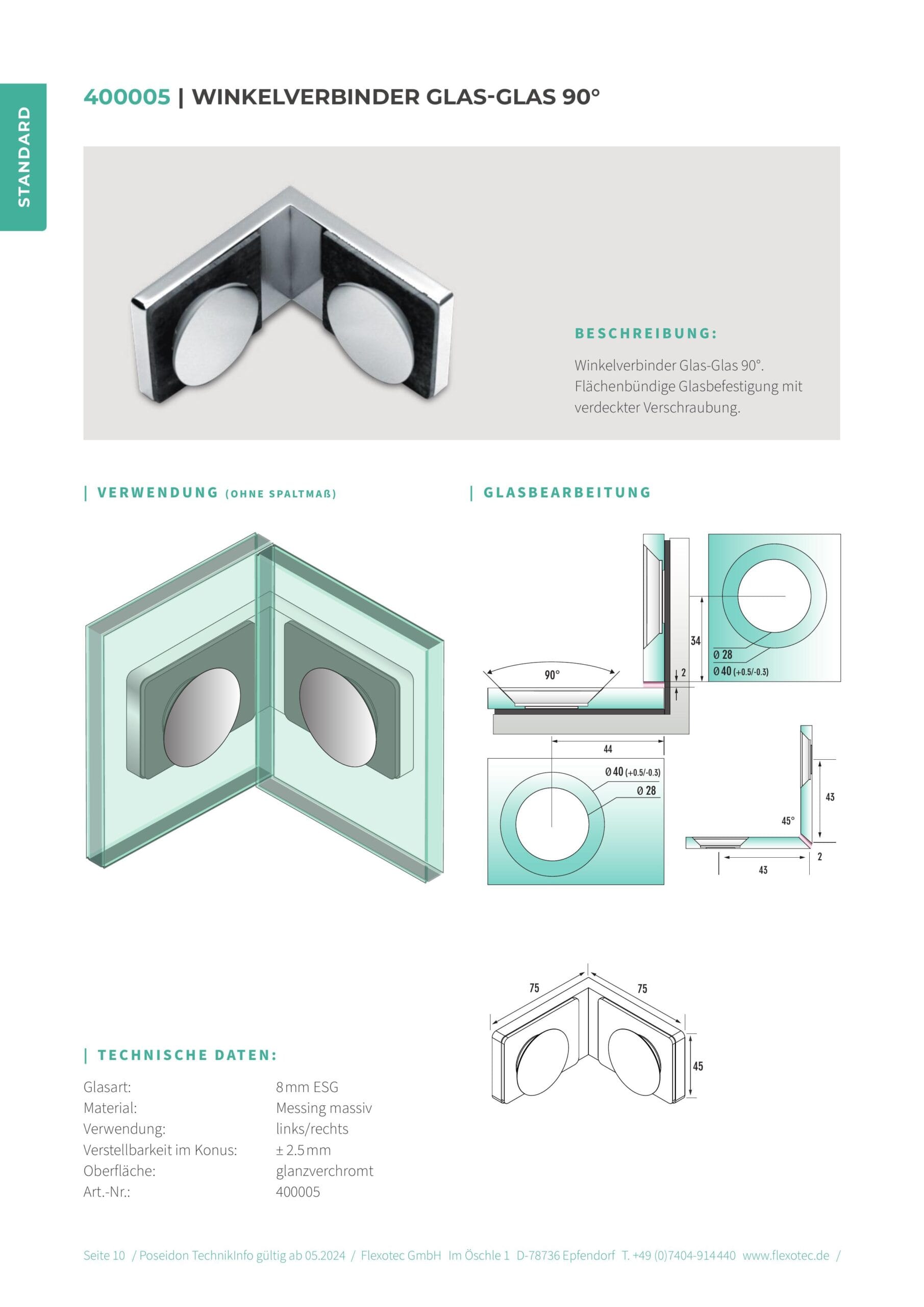 Hoekverbinder glas-glas 90° - Poseidon art. 400005