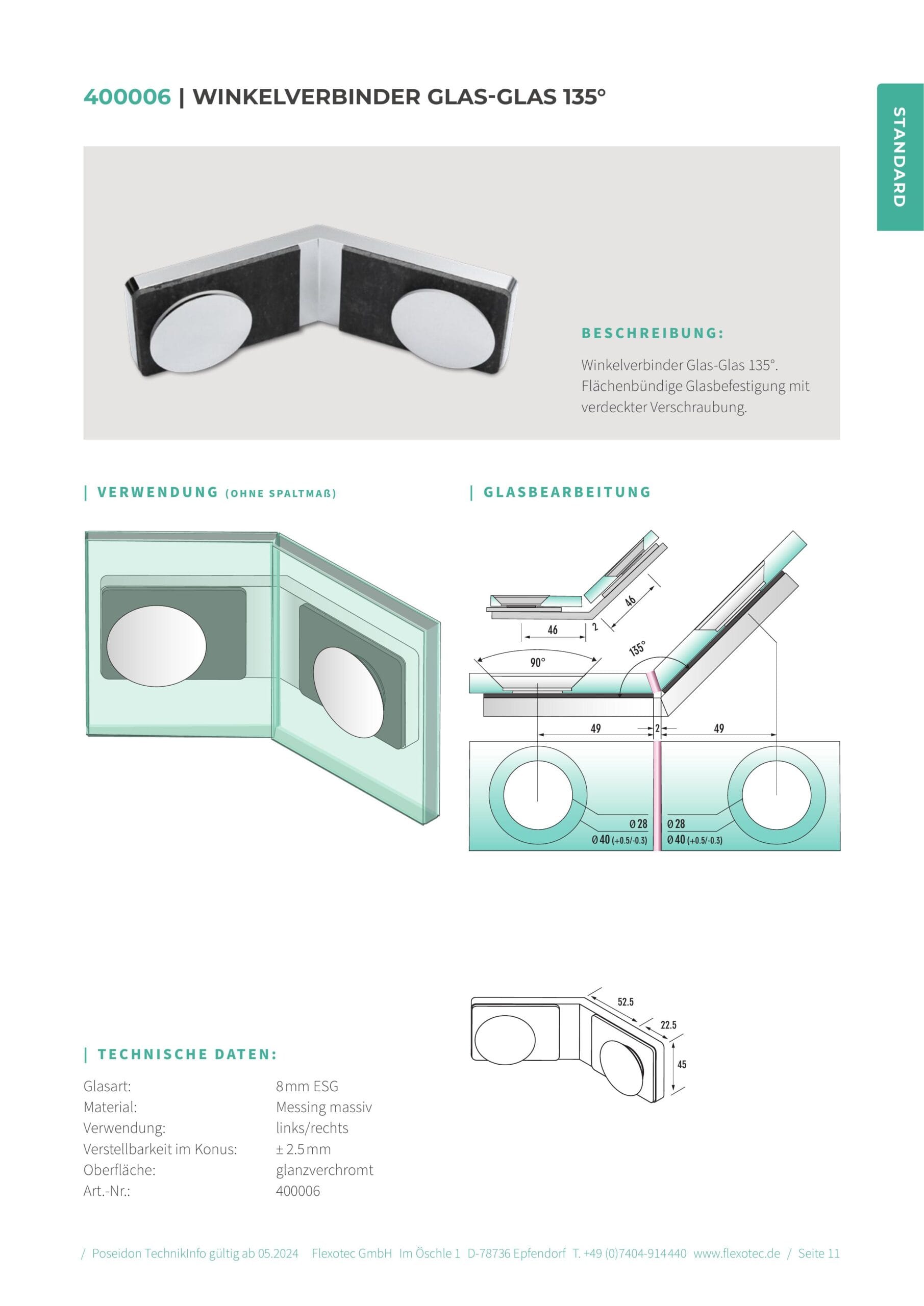 Hoekverbinder glas-glas 135° - Poseidon art. 400006