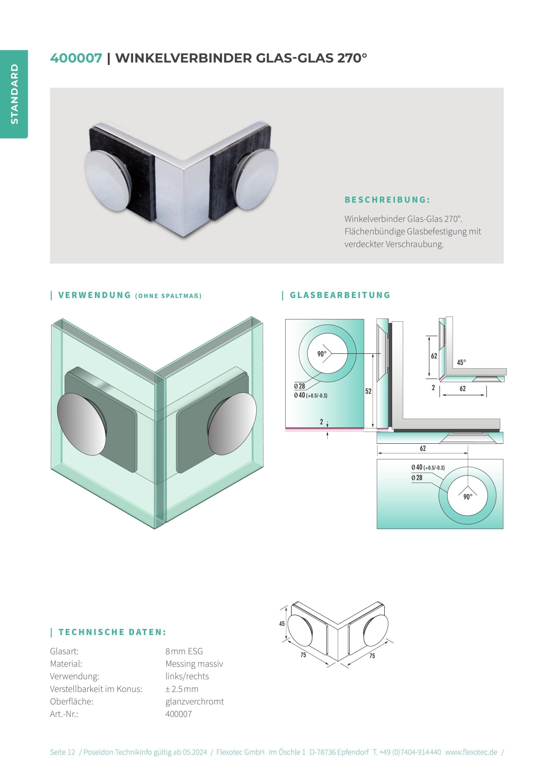Hoekverbinder glas-glas 270° - Poseidon art. 400007