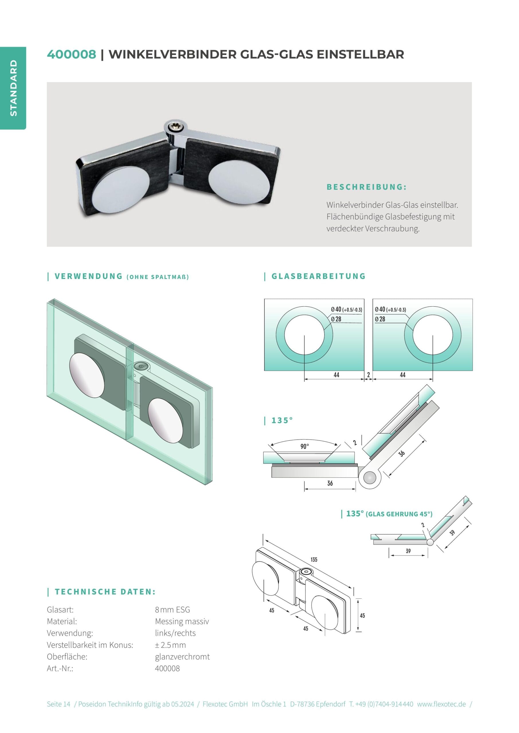 Hoekverbinder glas-glas instelbaar - Poseidon art. 400008