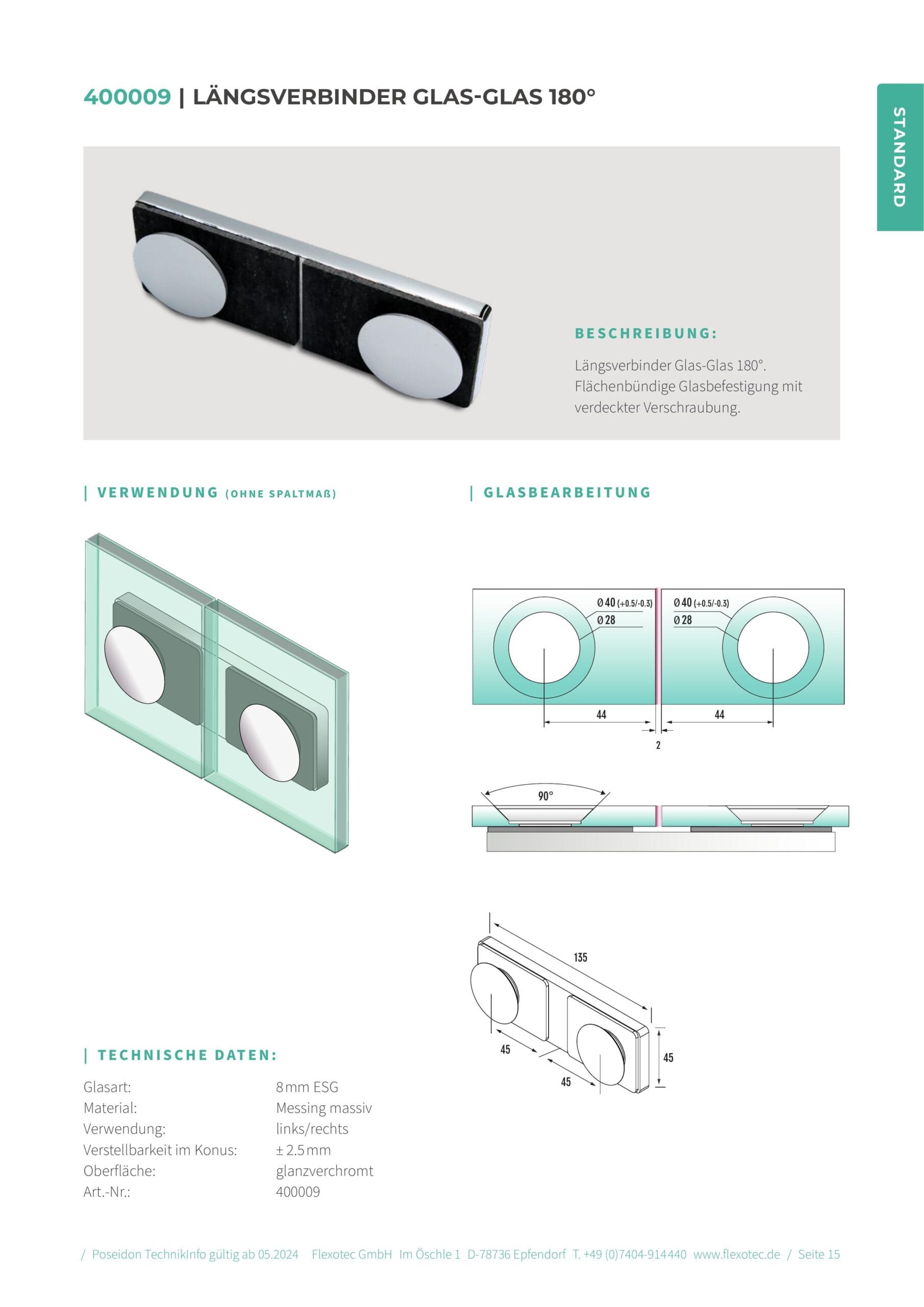 Langsverbinder glas-glas 180° - Poseidon art. 400009