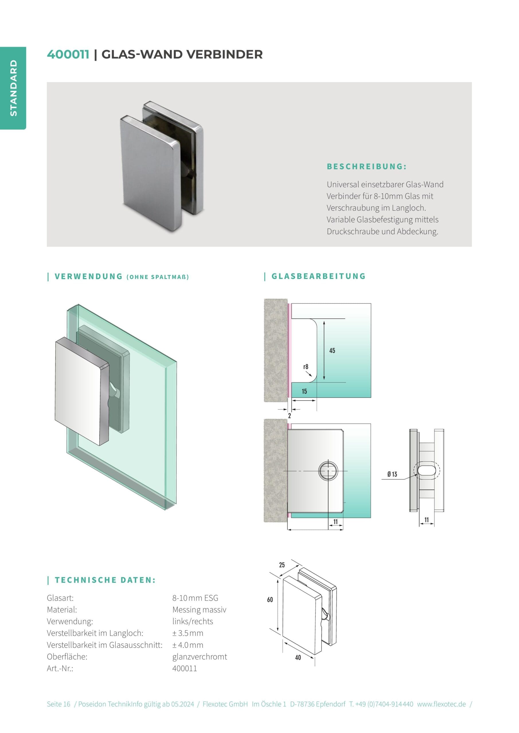 Glas-wand verbinder - Poseidon art. 400011