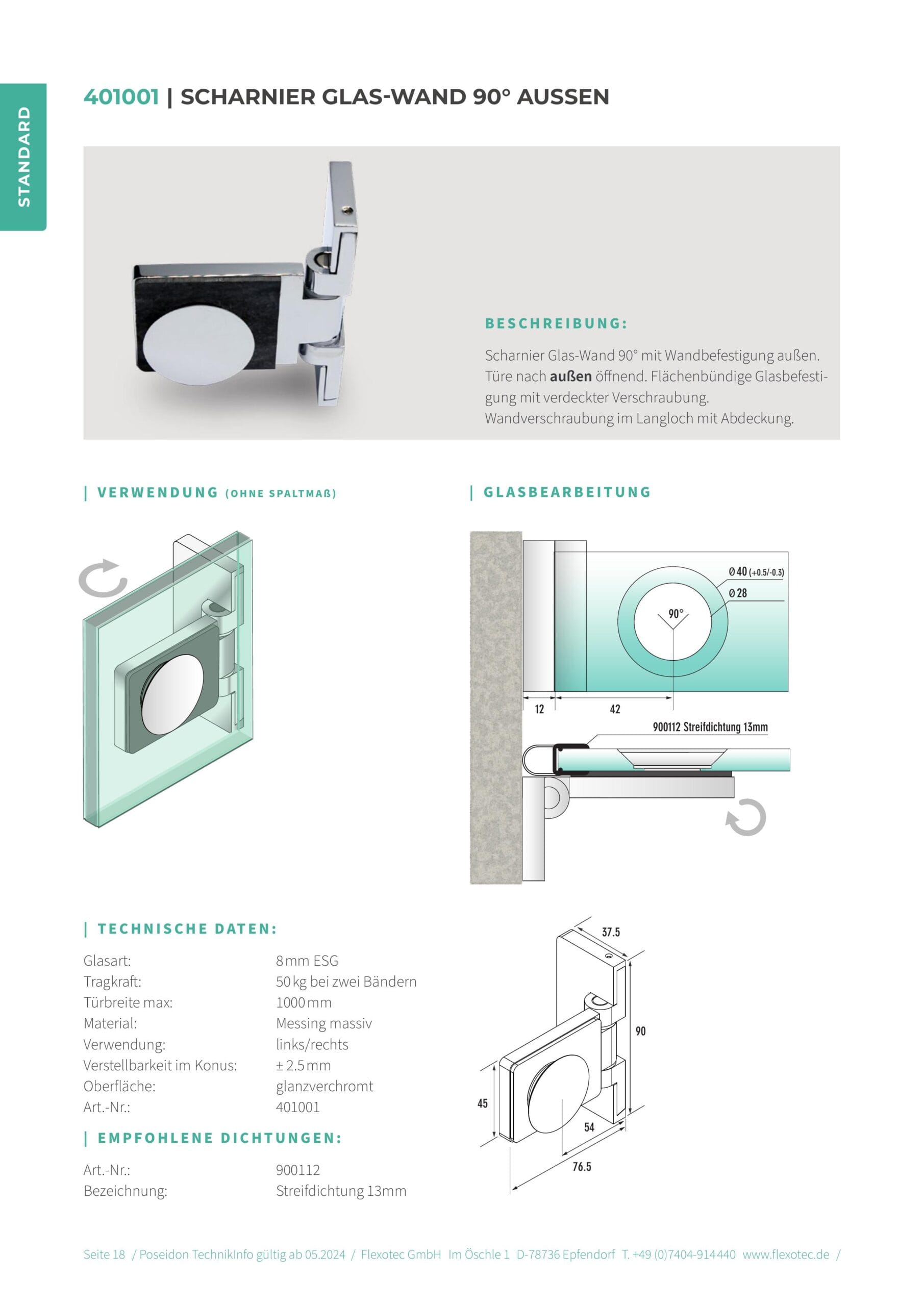 Scharnier glas-wand 90° buiten - Poseidon art. 401001