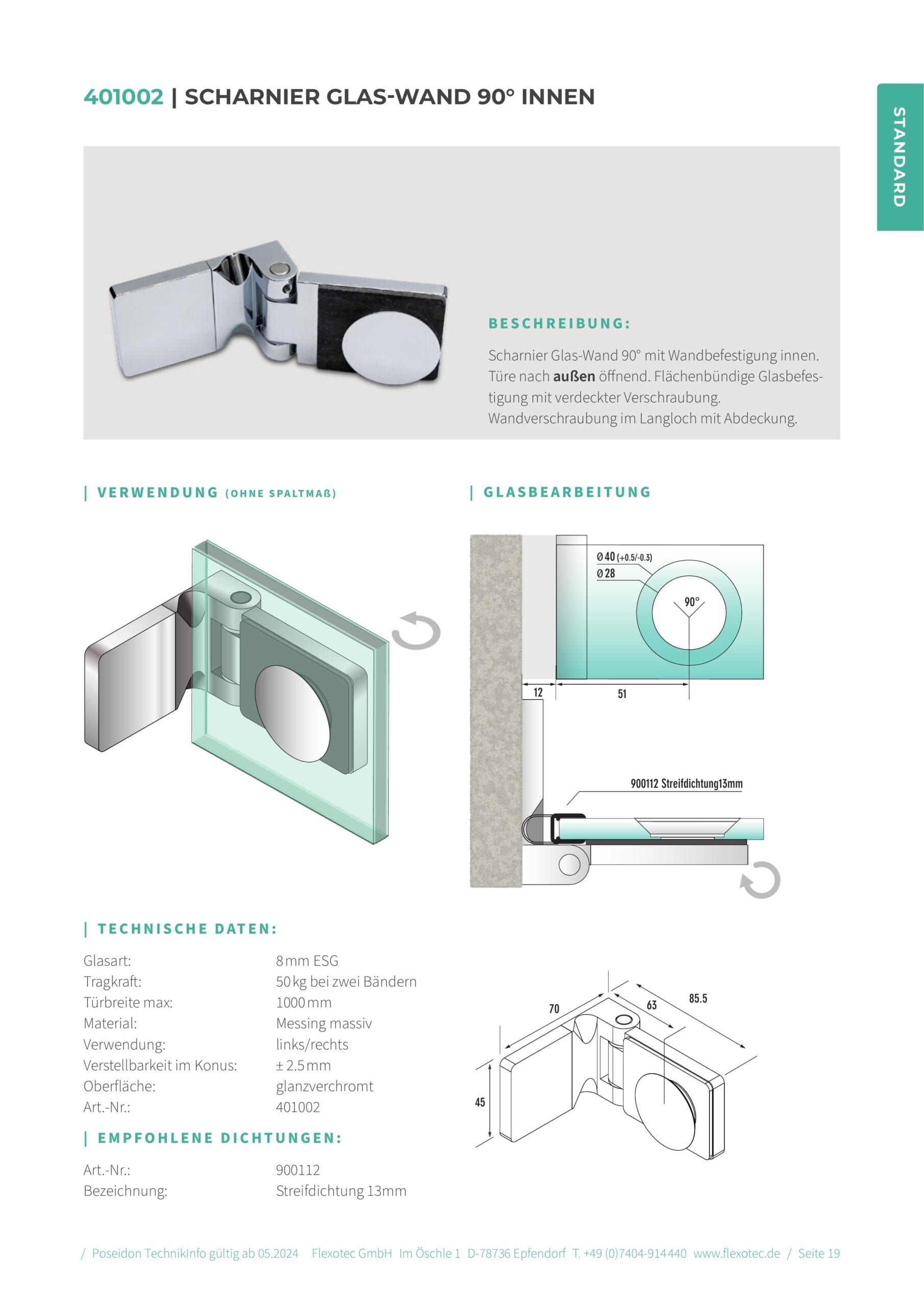 Scharnier glas-wand 90° binnen - Poseidon art. 401002
