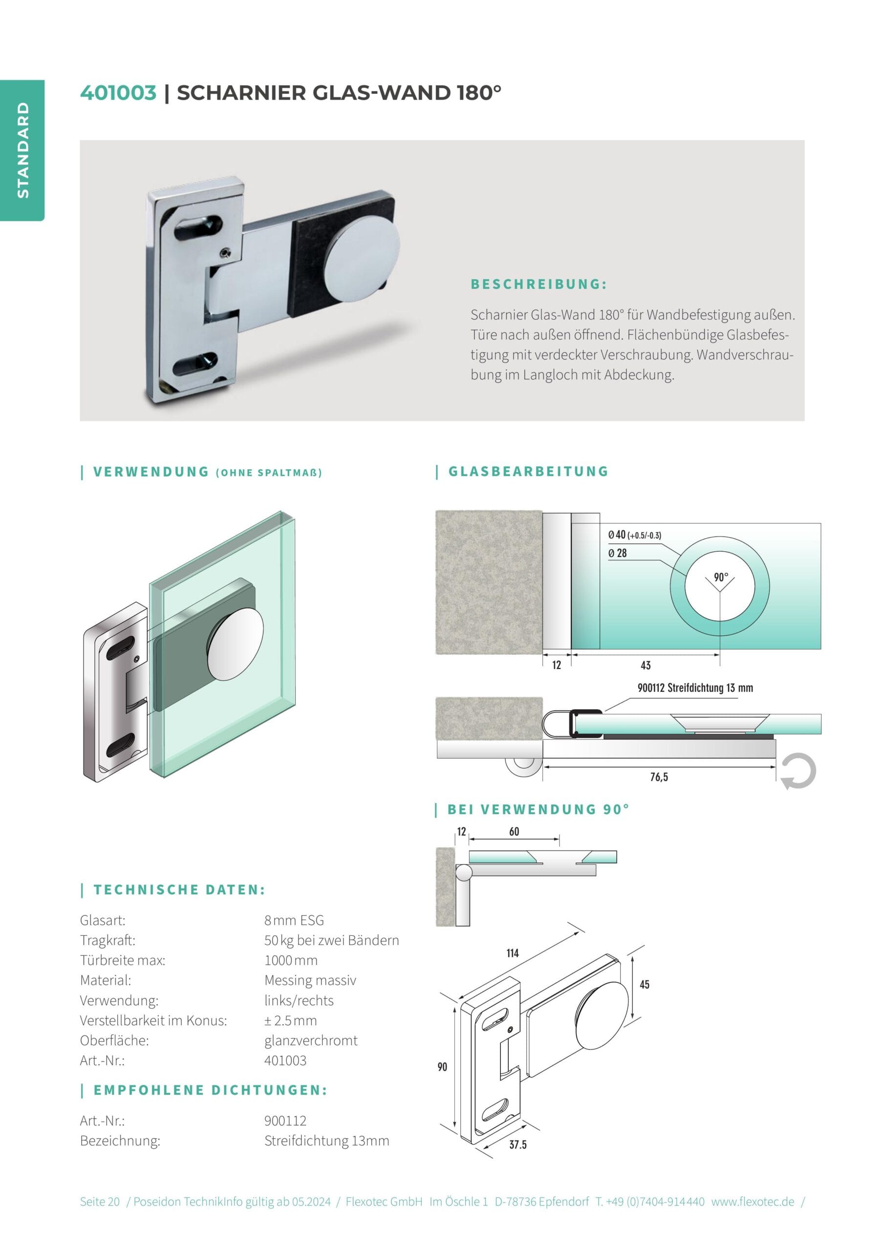 Scharnier glas-wand 180° - Poseidon art. 401003