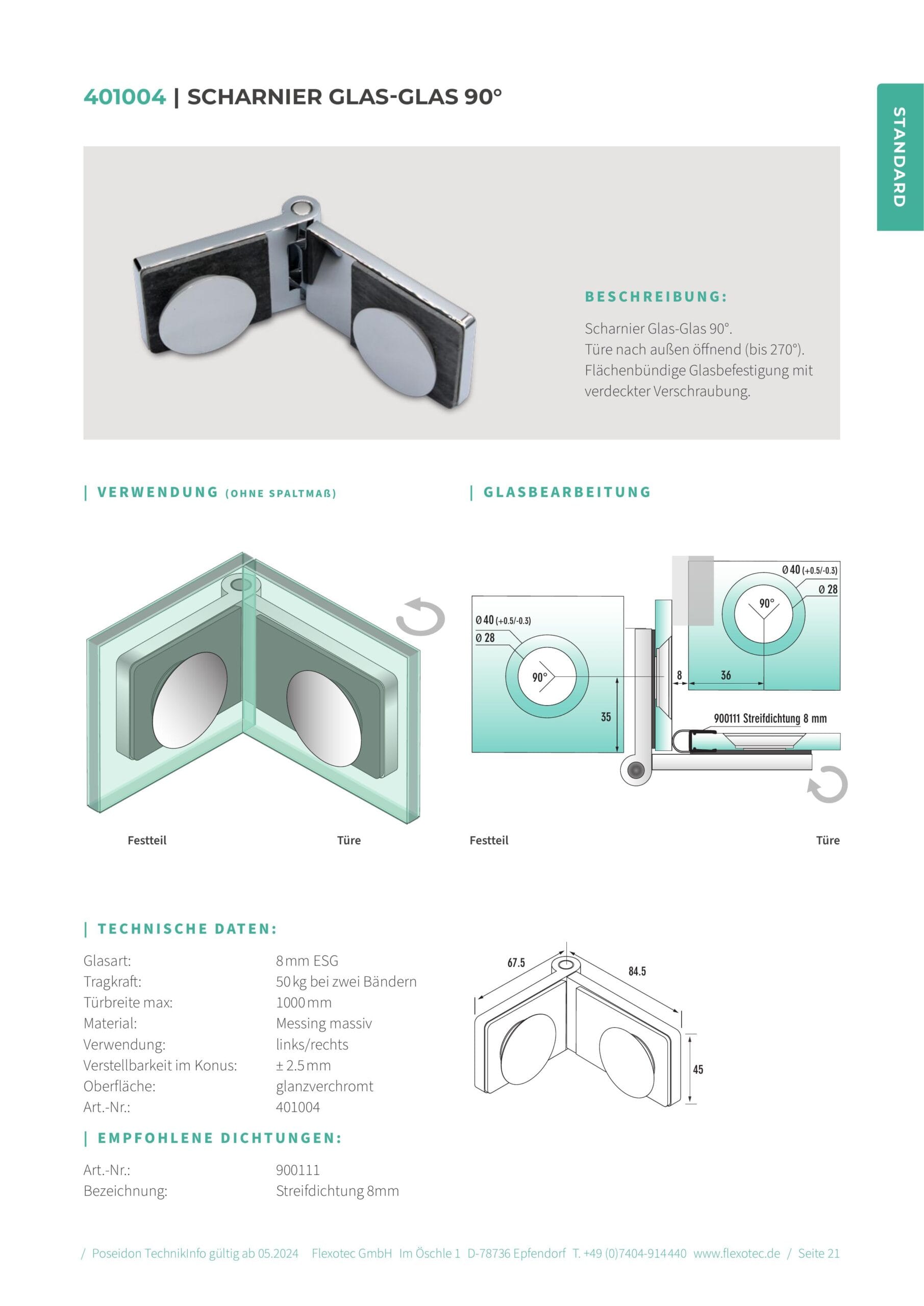 Scharnier glas-glas 90° - Poseidon art. 401004