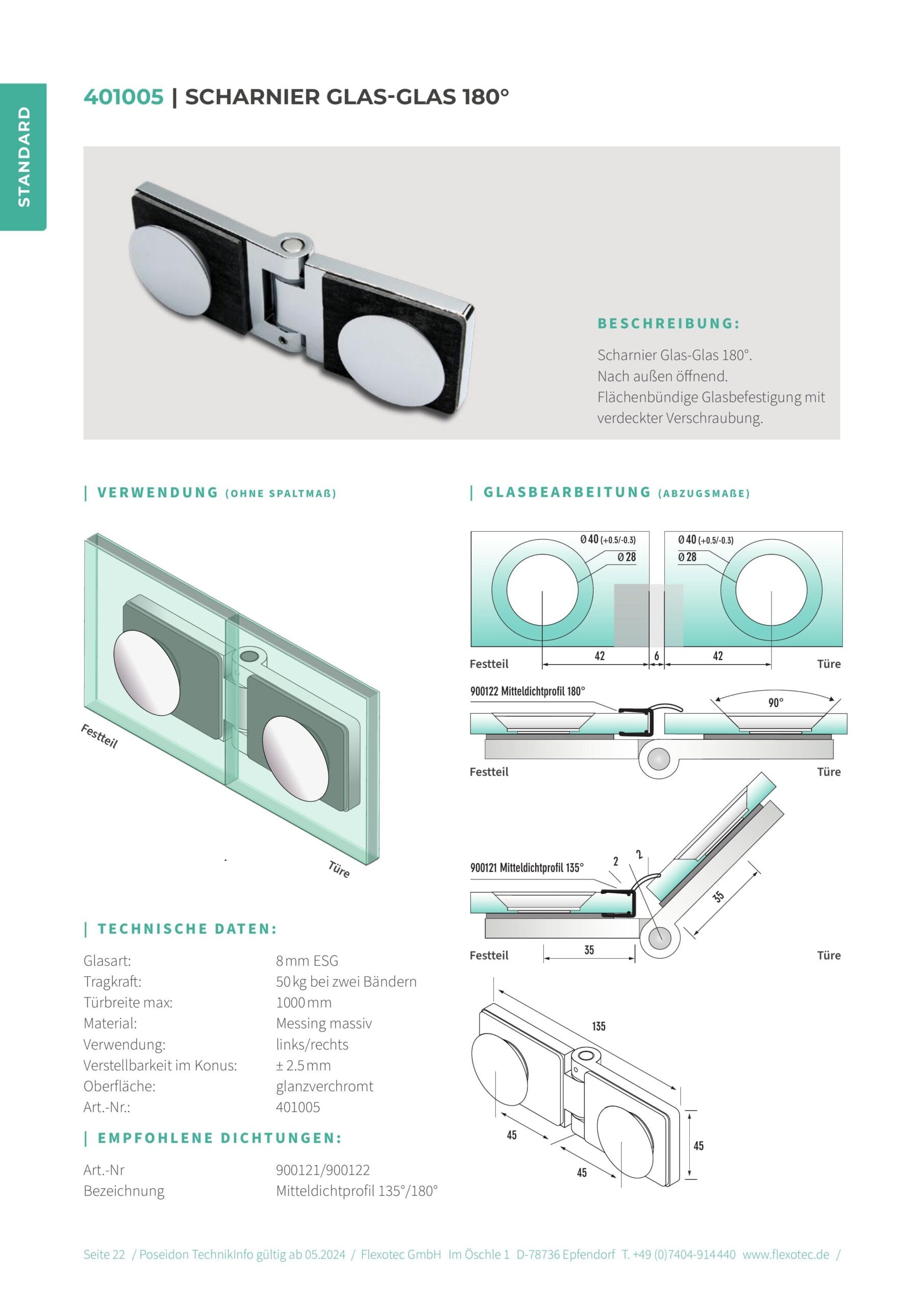 Scharnier glas-glas 180° - Poseidon art. 401005