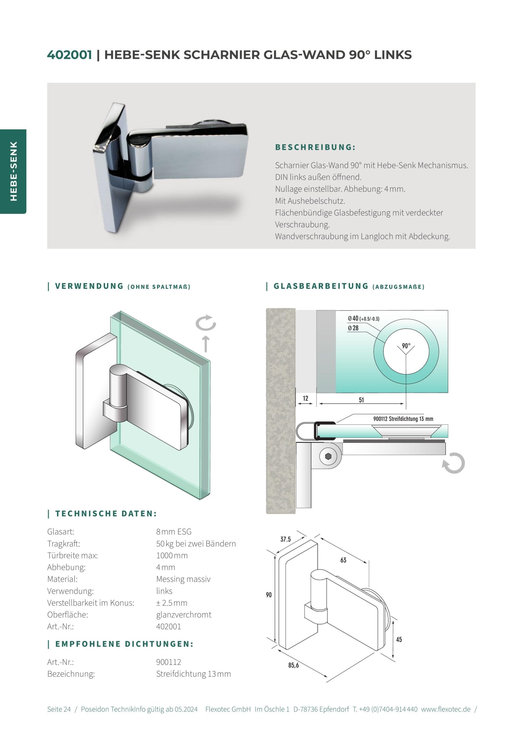 Hef-scharnier glas-wand 90° links - Poseidon art. 402001