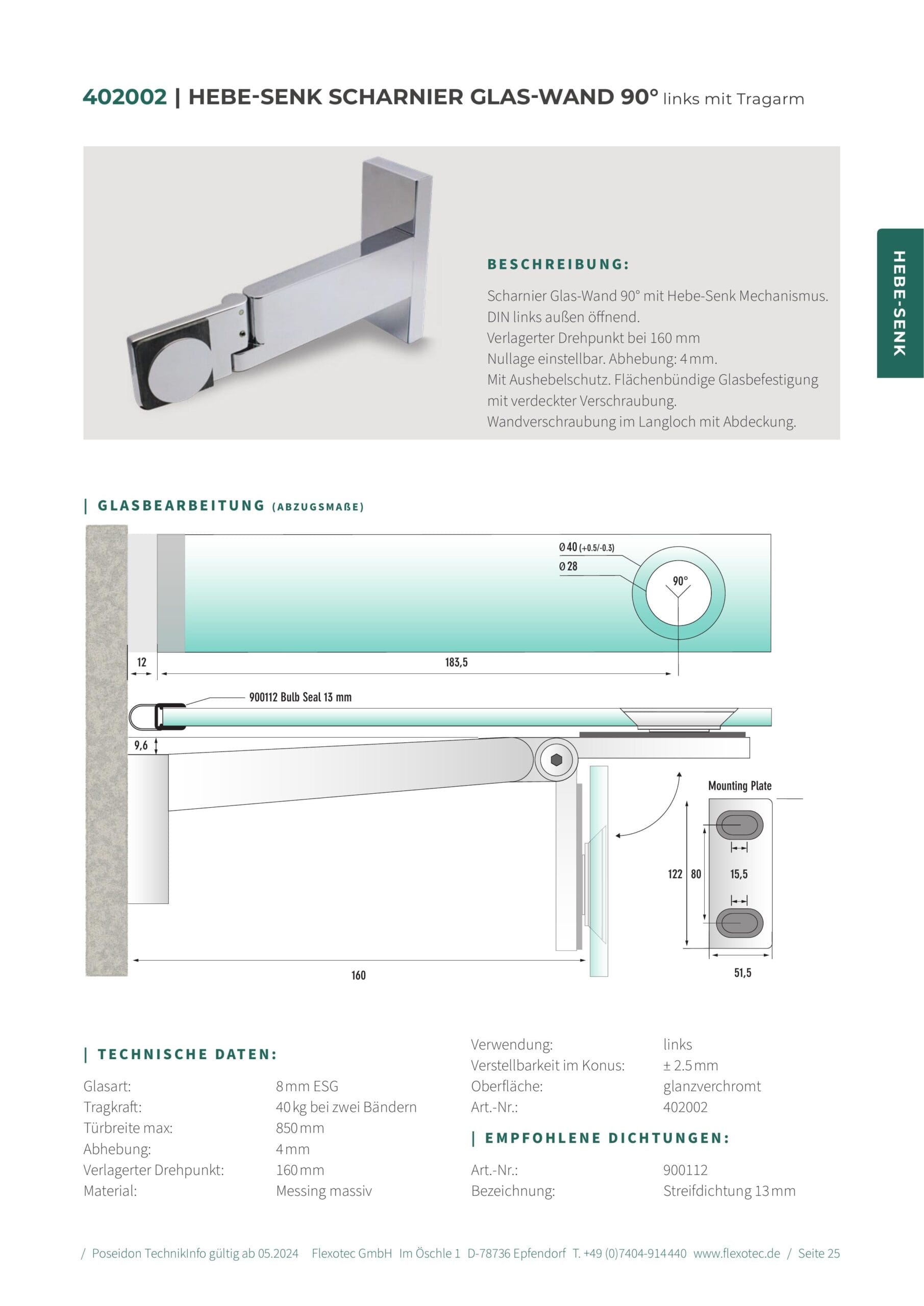 Hef-scharnier glas-wand 90° links met draagarm - Poseidon art. 402002