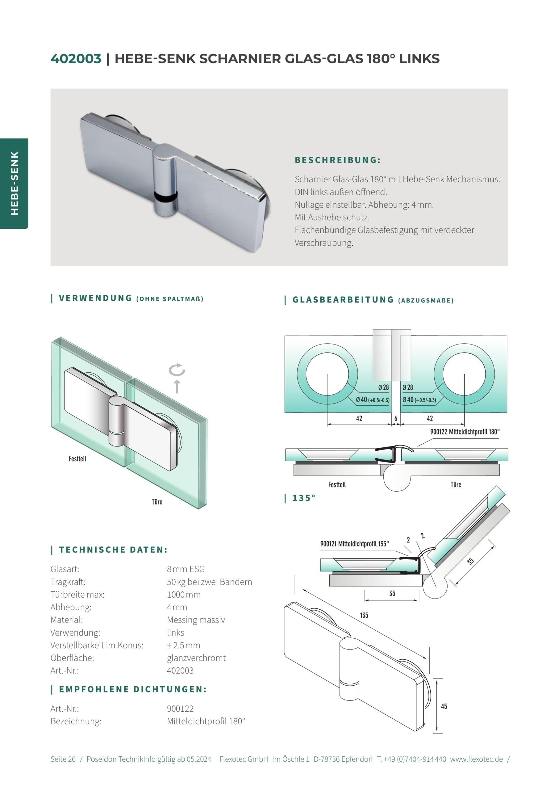 Hef-scharnier glas-glas 180° links - Poseidon art. 402003