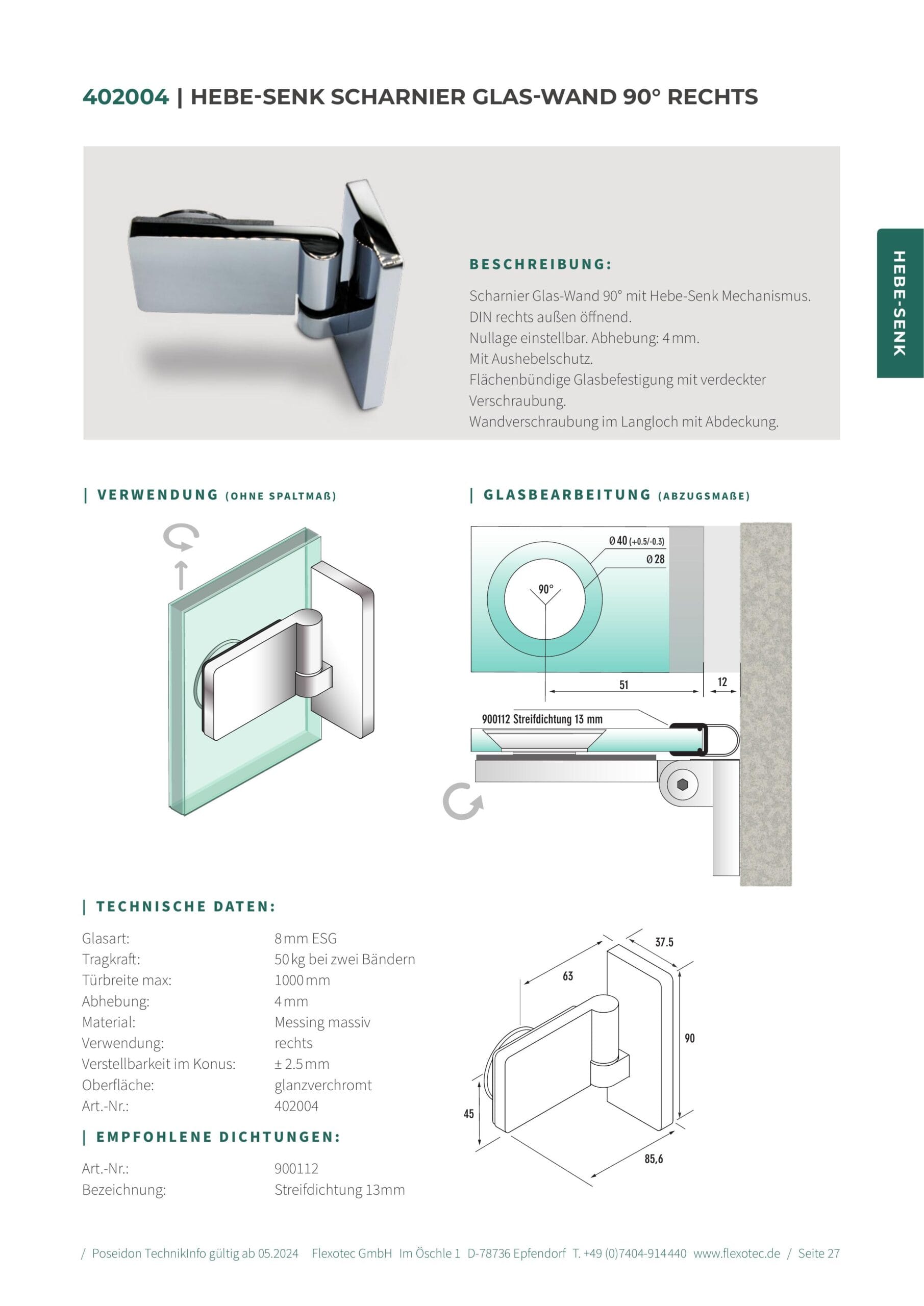 Hef-scharnier glas-wand 90° rechts - Poseidon art. 402004