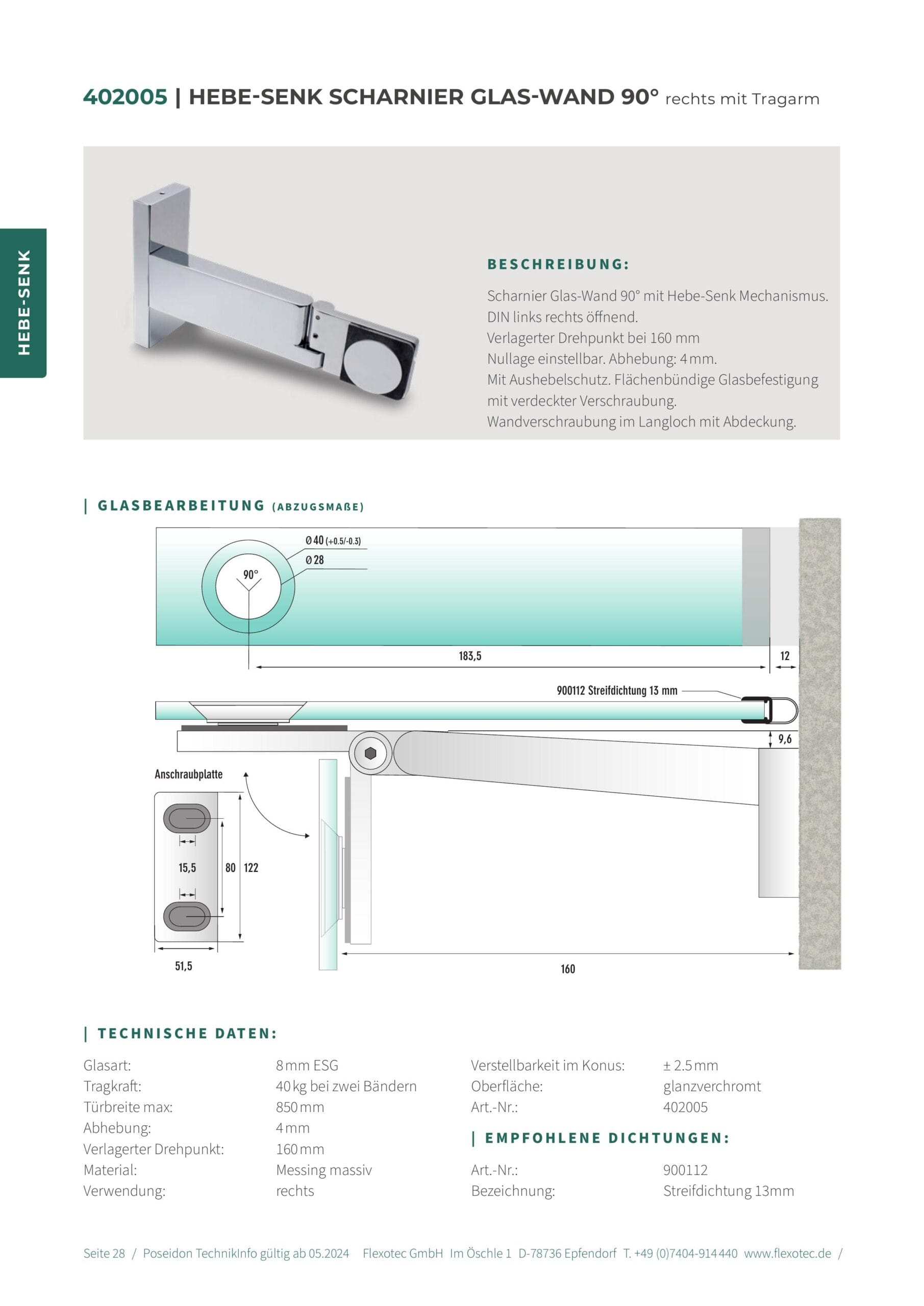 Hef-scharnier glas-wand 90° rechts met draagarm - Poseidon art. 402005