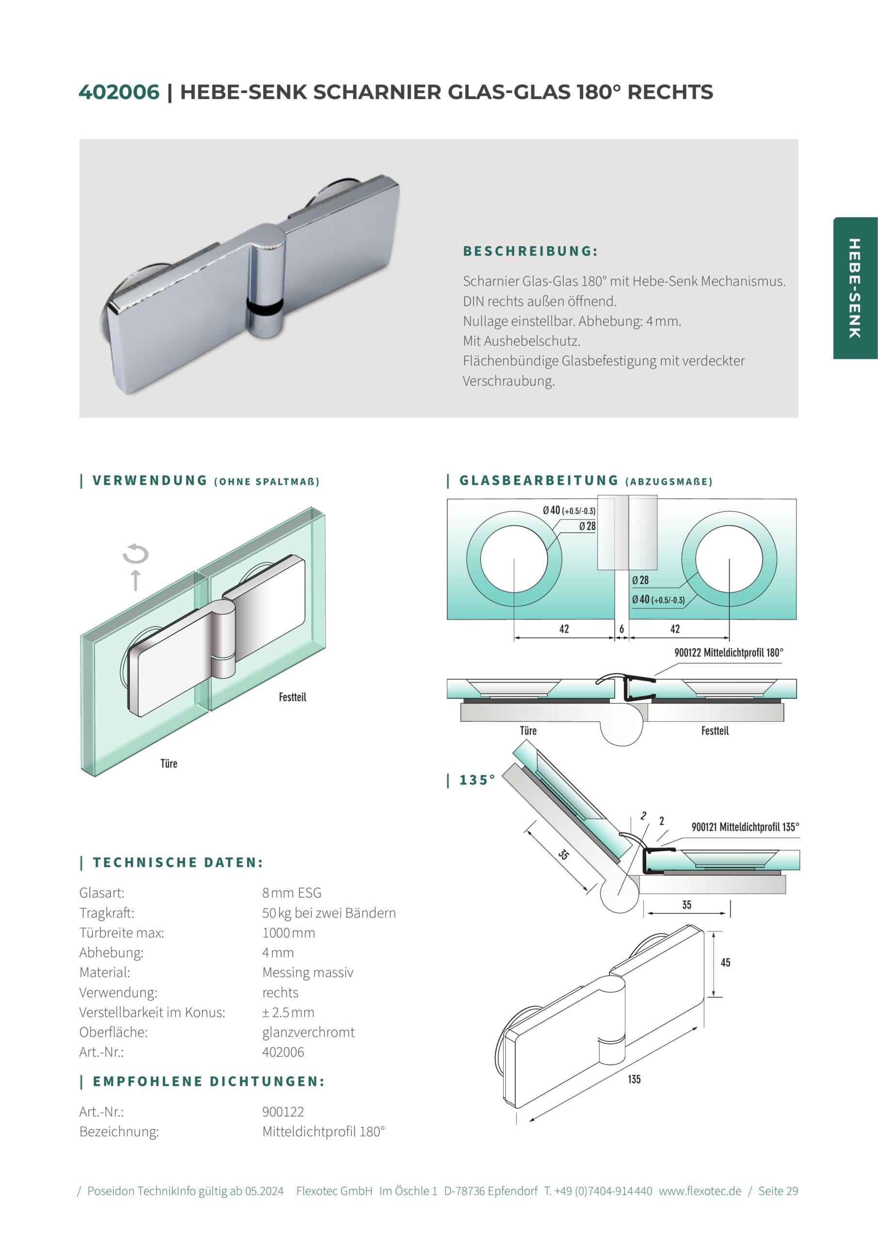 Hef-scharnier glas-glas 180° rechts - Poseidon art. 402006