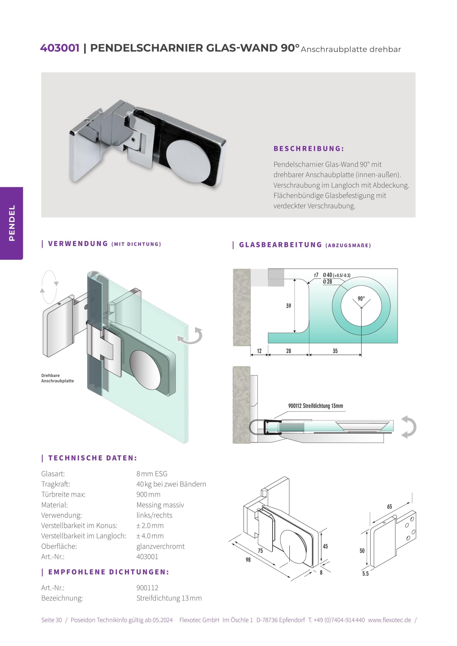 Pendelscharnier glas-wand 90° - Poseidon art. 403001