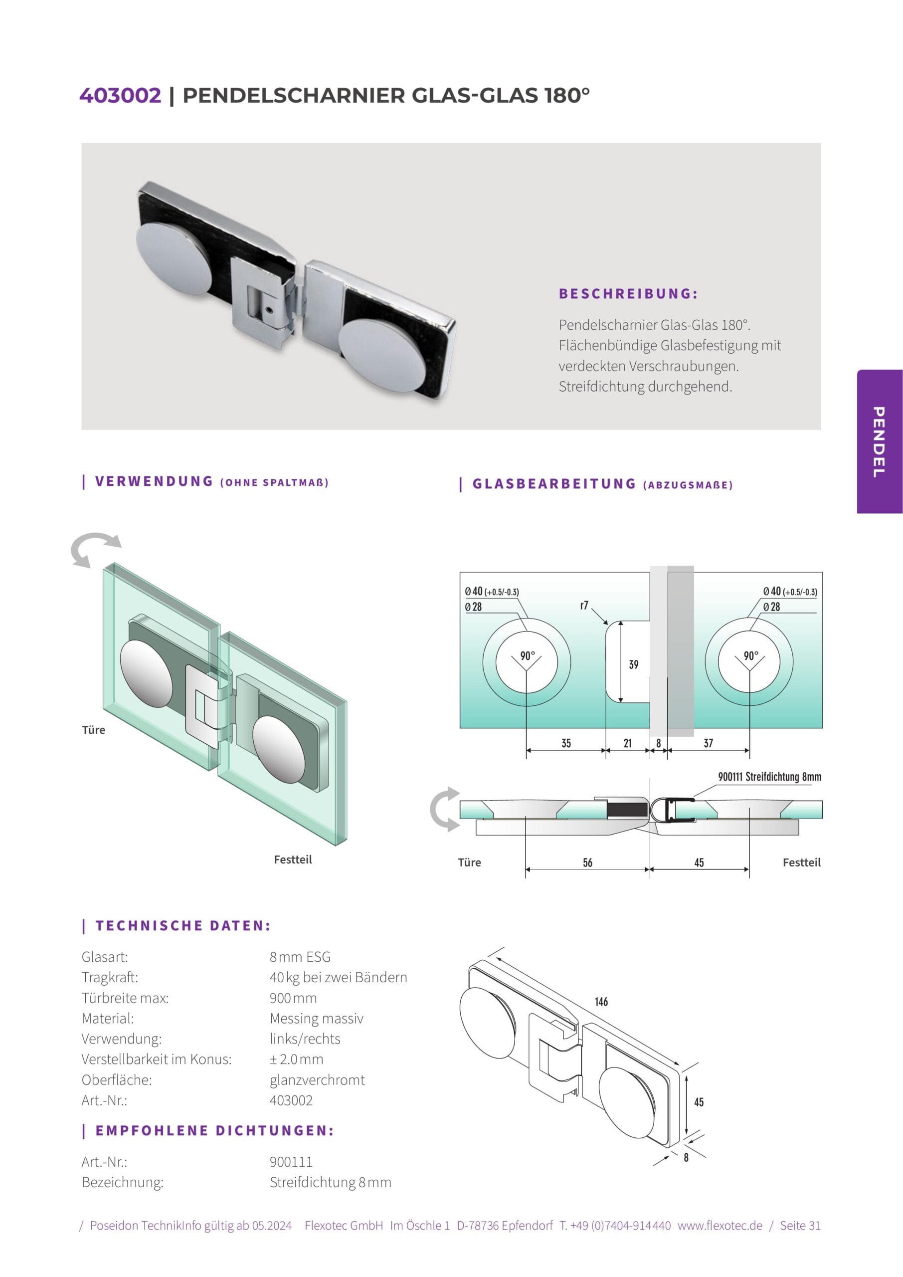 Pendelscharnier glas-glas 180° - Poseidon art. 403002