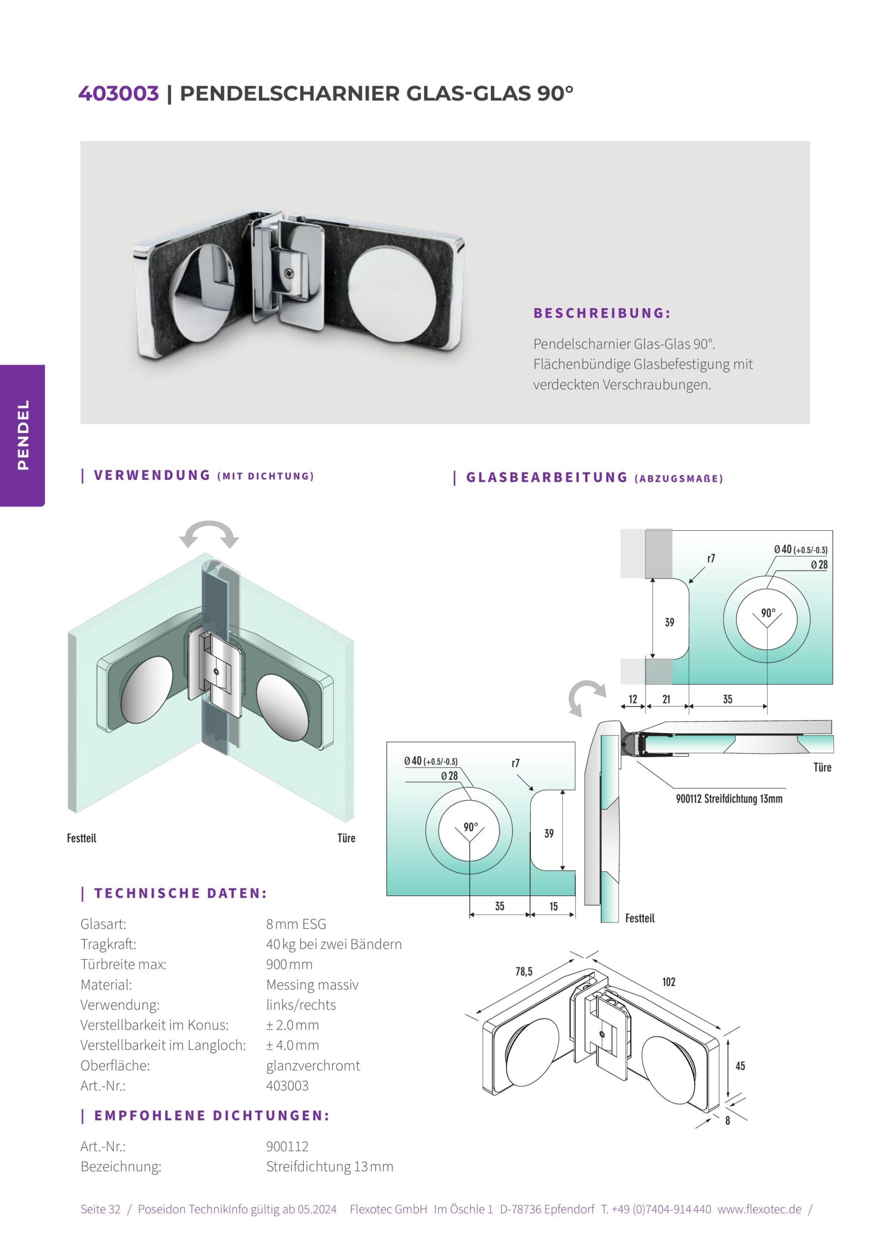 Pendelscharnier glas-glas 90° - Poseidon art. 403003