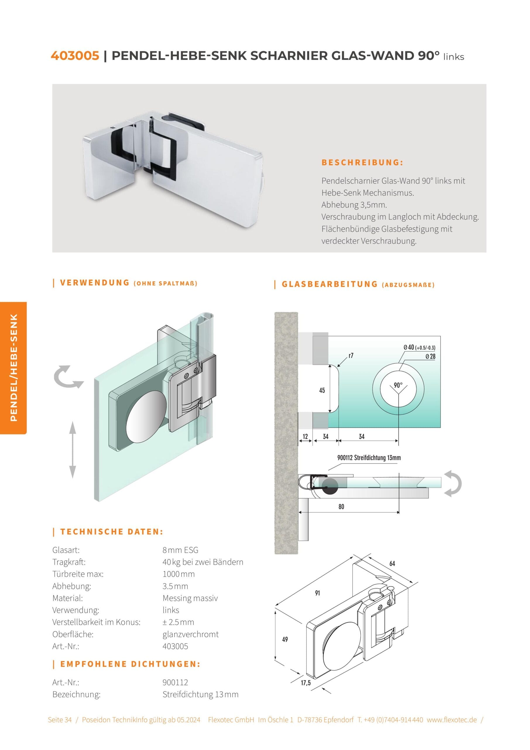 Pendel-hef scharnier glas-wand 90° links - Poseidon art. 403005
