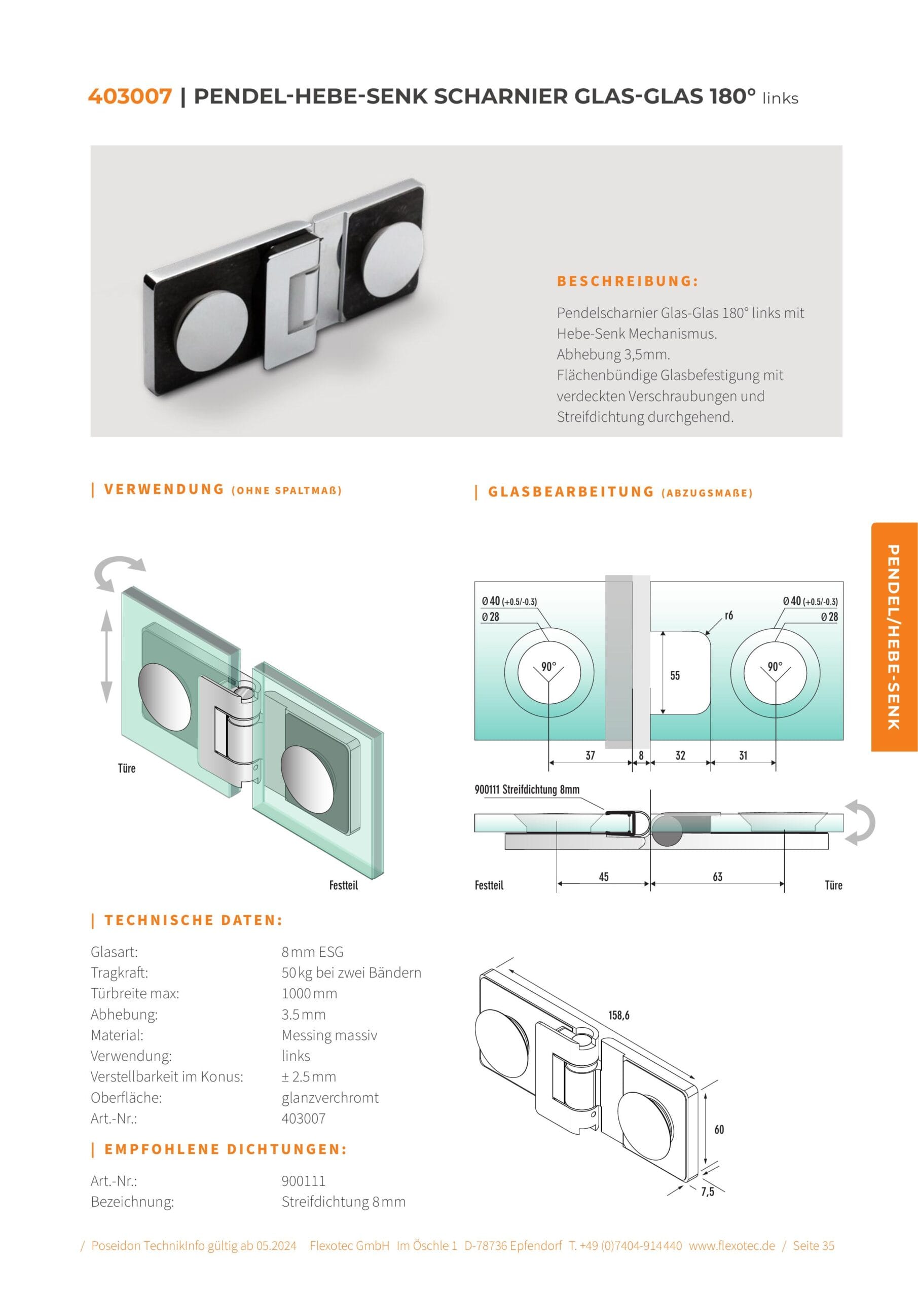 Pendel-hef scharnier glas-glas 180° links - Poseidon art. 403007