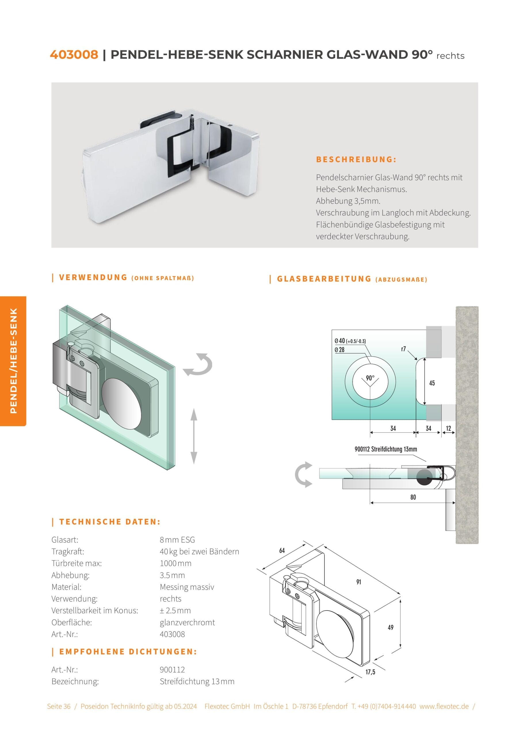 Pendel-hef scharnier glas-wand 90° rechts - Poseidon art. 403008