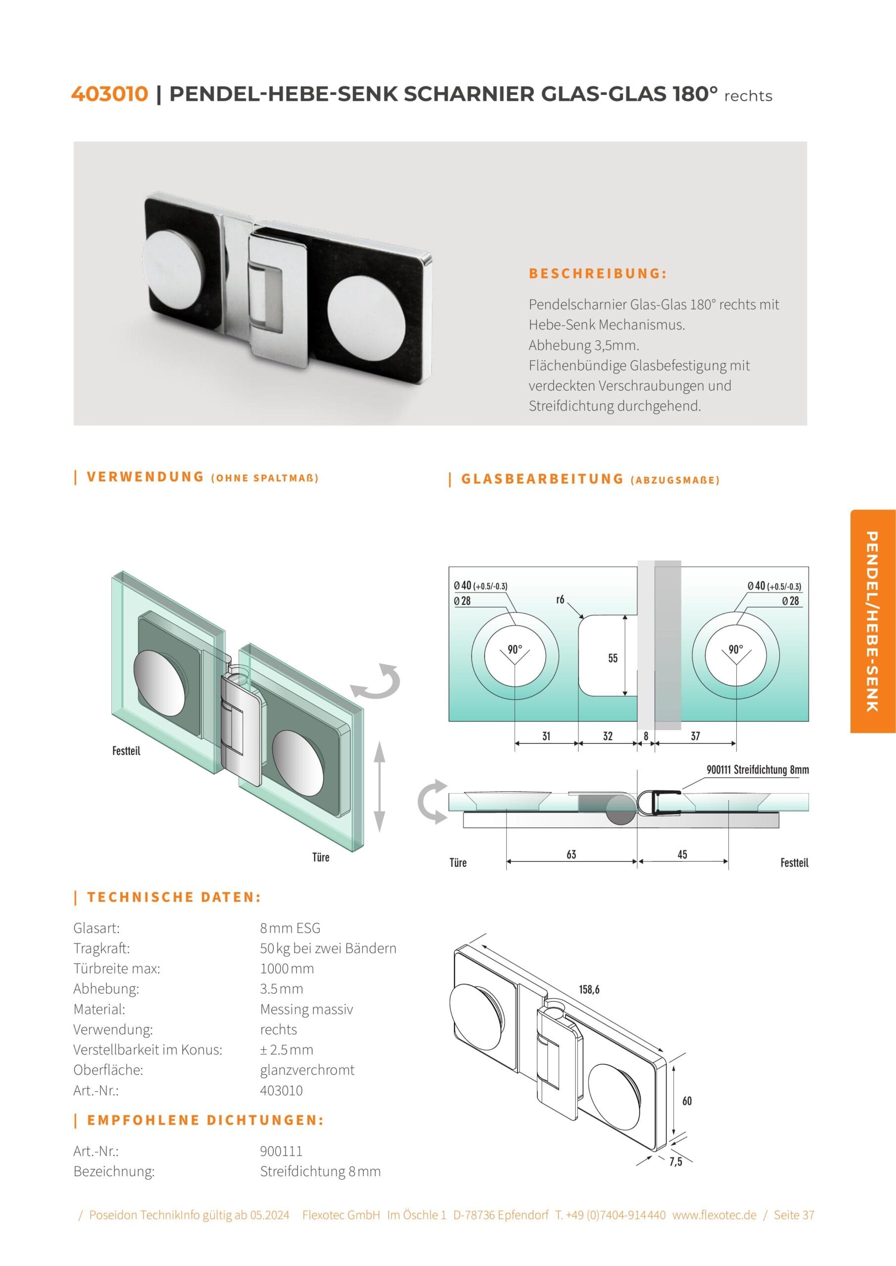 Pendel-hef scharnier glas-glas 180° rechts - Poseidon art. 403010